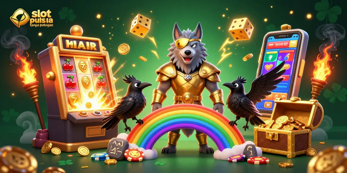 Permainan slot deposit pulsa tanpa potongan yang menarik dengan jackpot berkilau dan karakter Norse dalam ilustrasi 3D yang dinamis.