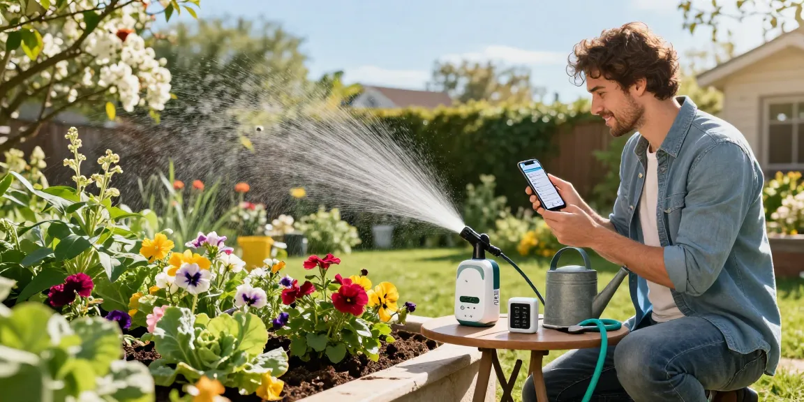 Enthusiastic gardener using a rainpoint wifi water timer in a lush backyard to automate watering plants.