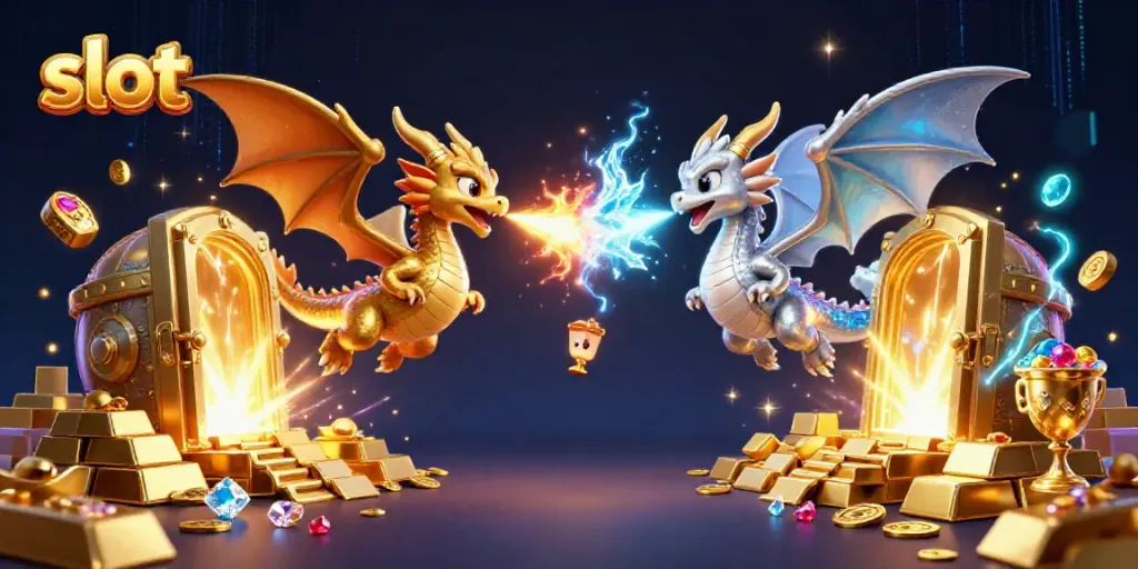 Spin the reels of slot machines while 3D dragons create a magical experience in a treasure-laden scene.