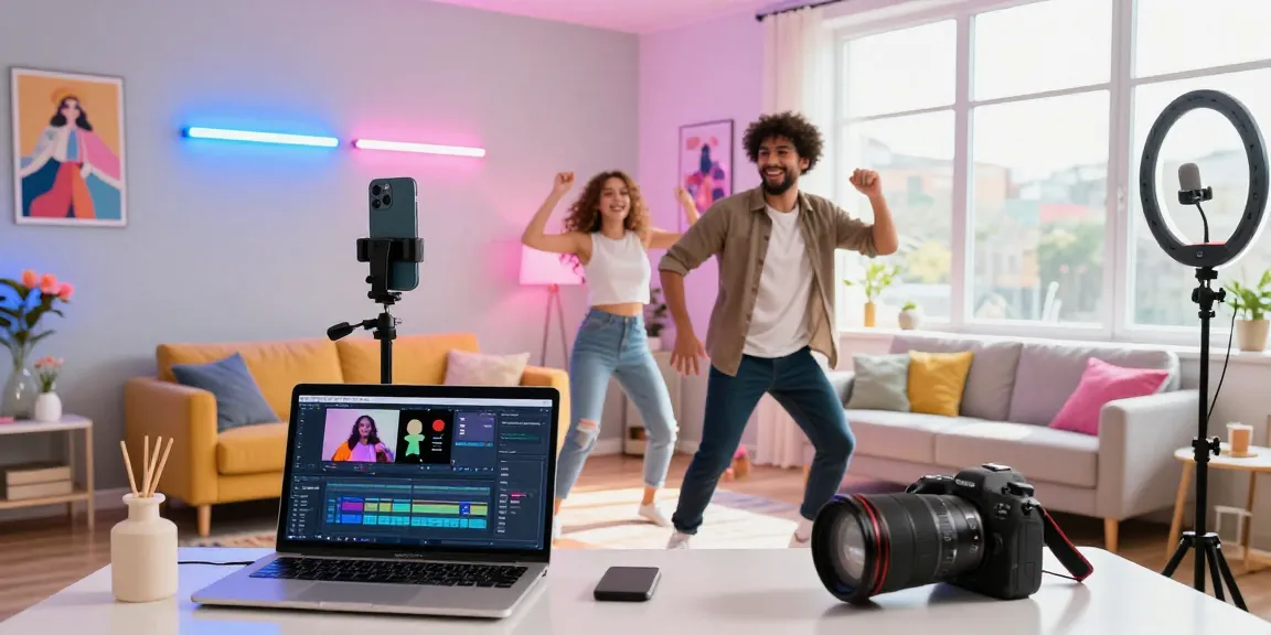 Content creator in vibrant home studio recording TikTok videos, illustrating how to buy instant views for TikTok videos effectively.