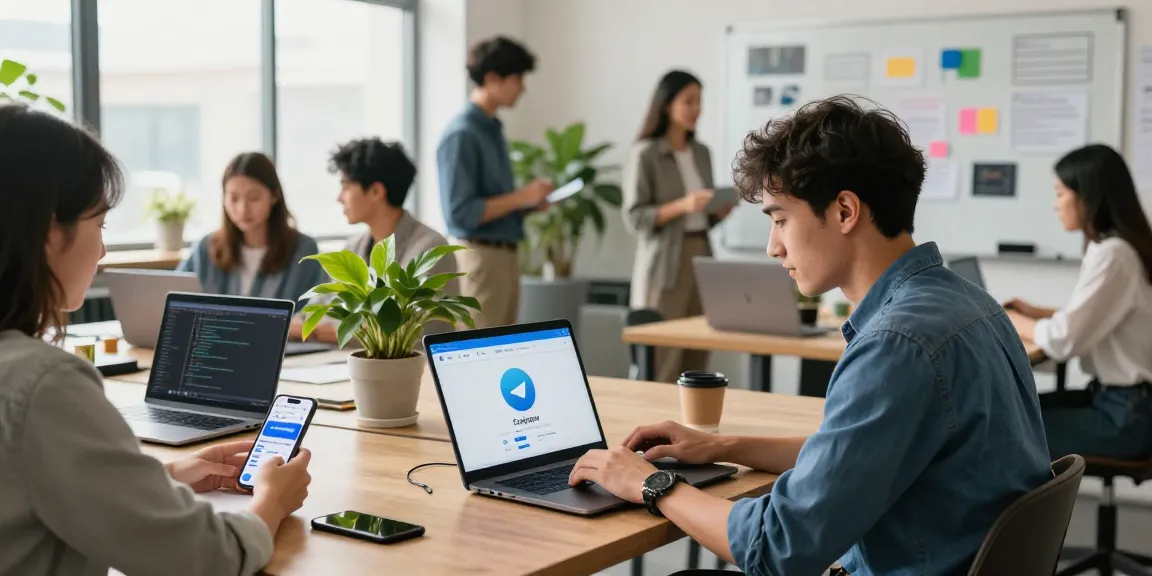 Professional using telegram china messaging app in a vibrant co-working space