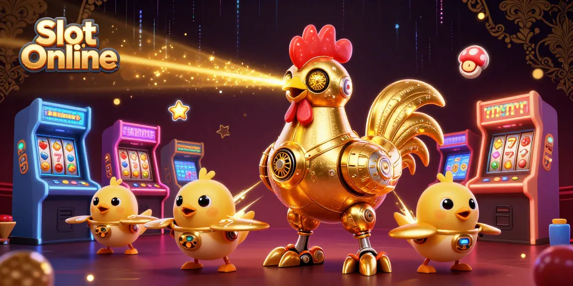 Spin vibrant Slot Online with a golden rooster robot, baby chick drones, and colorful arcade game elements.