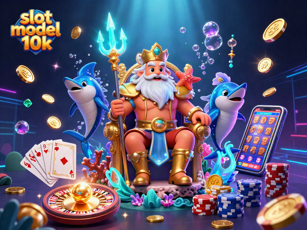 Play thrilling slot modal 10k with Neptune and treasures in this vibrant 3D illustration.