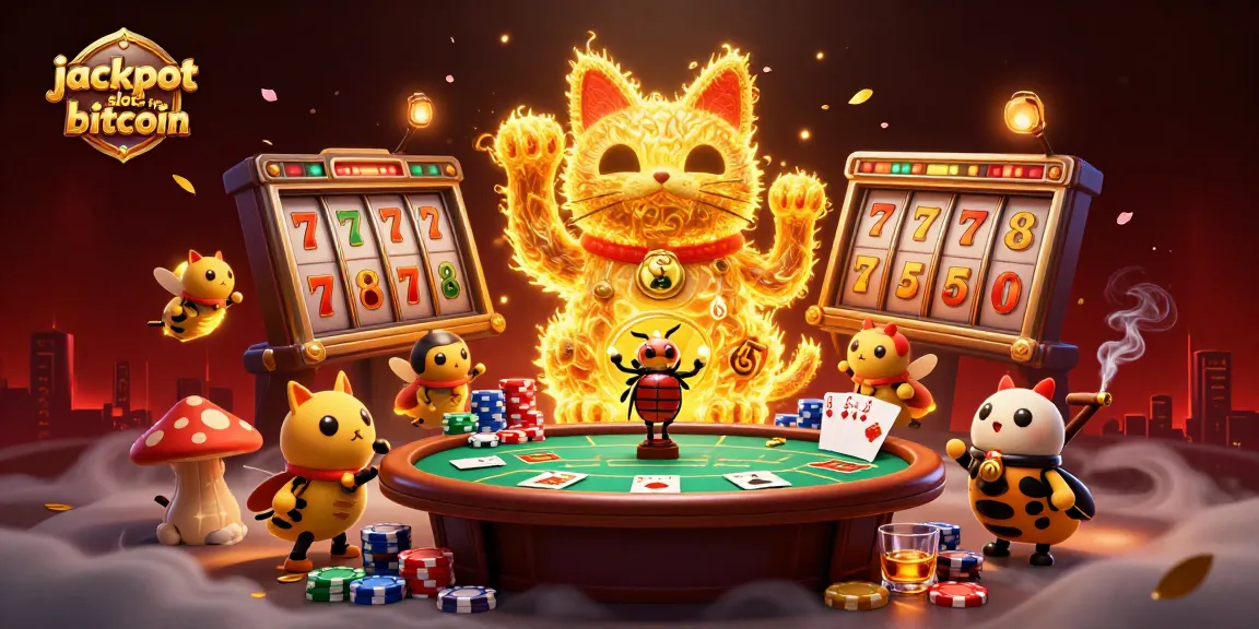 Spin jackpot slots for bitcoin as golden fireflies form a lucky cat, glowing with excitement.