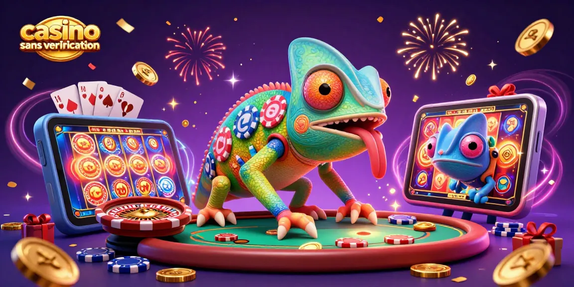 Jouez sur un casino sans vérification avec le chameleon aux couleurs des jetons de poker profitant d'une belle scène de jeu.