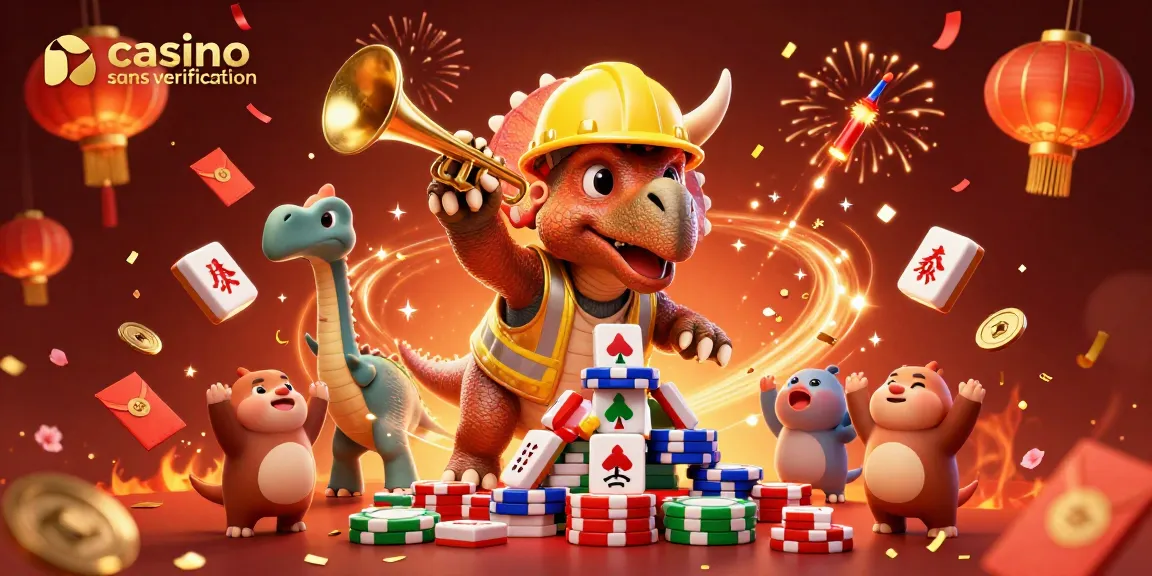 Jouez dans un casino sans vérification avec le triceratops en action et des lanternes célébrant l'excitation des jeux.