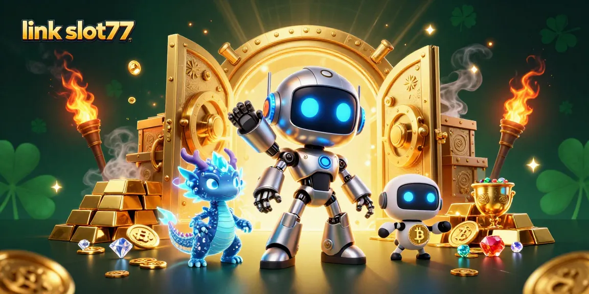Experience big wins with link slot77 amidst a vibrant casino scene filled with treasures and slots