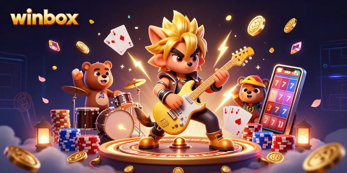 Winbox casino promotional scene featuring a rock-star wolf and a wild drummer bear amidst dynamic gaming elements.