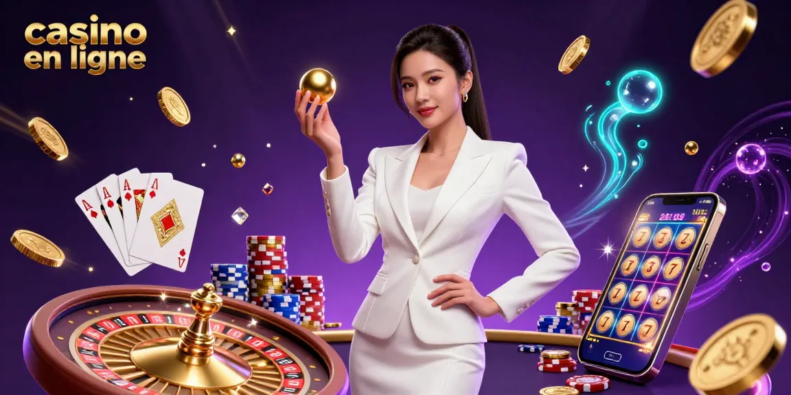 Découvrez l'excitation de Casino en Ligne avec une illustration éblouissante d'une femme confiante tenant une boule de roulette au milieu d'éléments de jeu dynamiques.