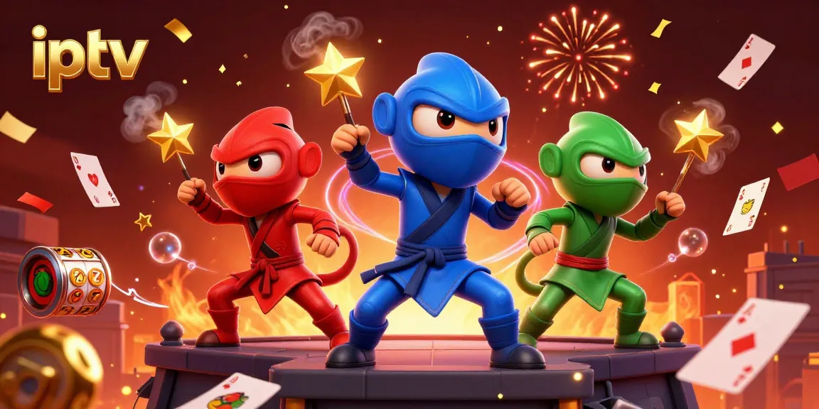 Engage with iptv channels through vibrant gambling-themed illustration featuring a ninja chameleon team.