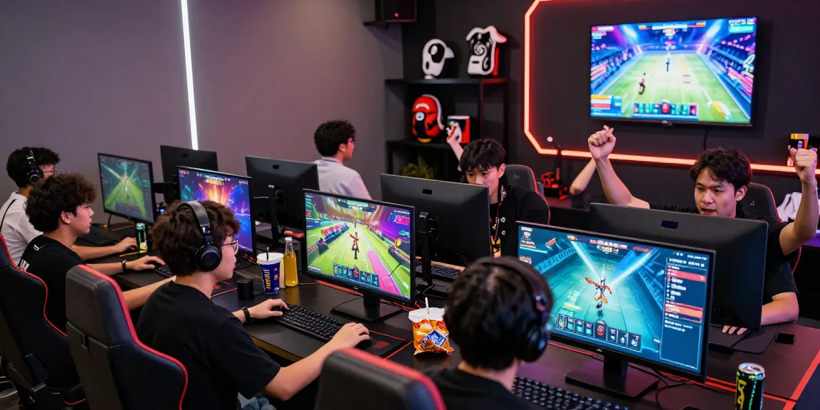 Atmosfer seru permainan BATIK88 GAMES di lounge gaming modern, dengan pemain kompetitif yang fokus.