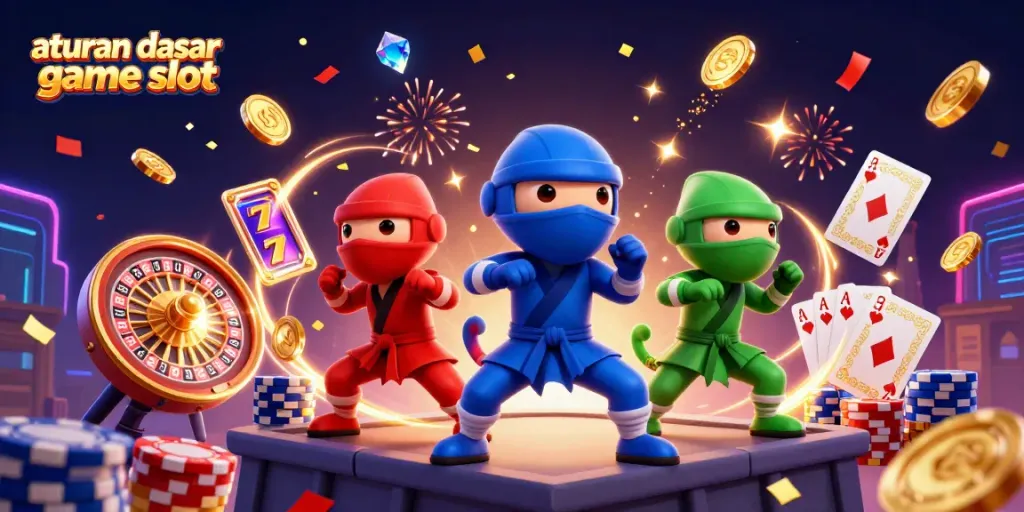 Pemain slot bersemangat menjalani aturan dasar game slot dengan tampilan warna-warni dan efek meriah.