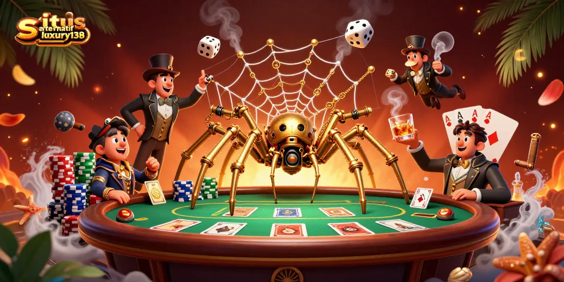 Experience situs alternatif luxury138 in a vibrant, dynamic casino scene with unique characters and game elements.