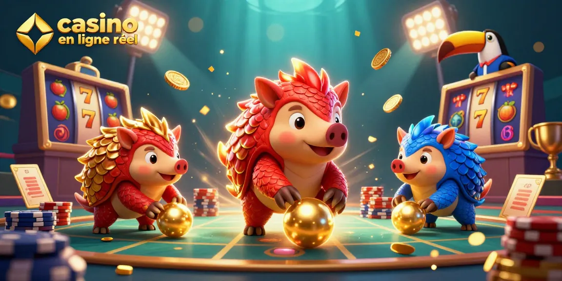Jouez sur un casino en ligne argent réel avec des pangolins animés en compétition pour gagner des jetons d'or.