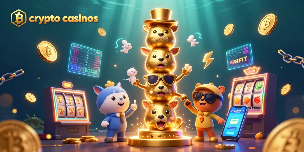 Gagnez sur les crypto casinos avec des pièces Bitcoin et Ethereum brillantes, entouré d'un totem amusant.