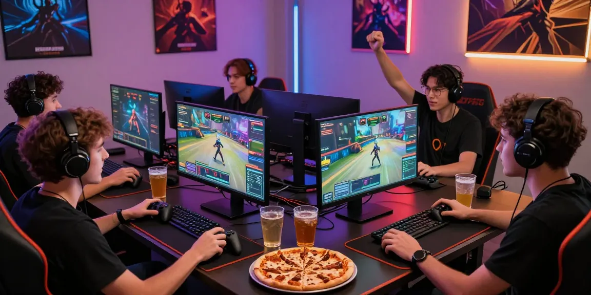 Pengalaman bermain game di rumah dengan JURAGAN77 dan teman-teman, suasana ceria dengan monitor dan konsol.